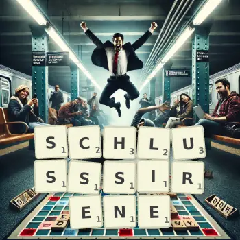 Kreative Illustration für ein Scrabble-Spiel, bei dem das Wort SCHLUSSSIRENE mit Steinen auf dem Brett gelegt wurde.