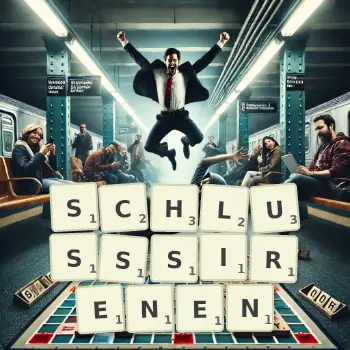 Kreative Illustration für ein Scrabble-Spiel, bei dem das Wort SCHLUSSSIRENEN mit Steinen auf dem Brett gelegt wurde.