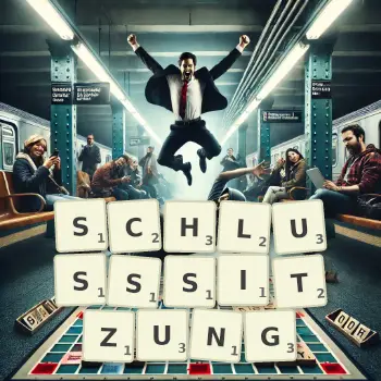 Kreative Illustration für ein Scrabble-Spiel, bei dem das Wort SCHLUSSSITZUNG mit Steinen auf dem Brett gelegt wurde.