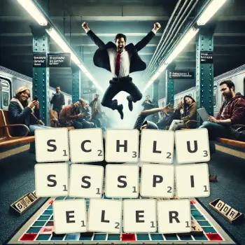 Kreative Illustration für ein Scrabble-Spiel, bei dem das Wort SCHLUSSSPIELER mit Steinen auf dem Brett gelegt wurde.