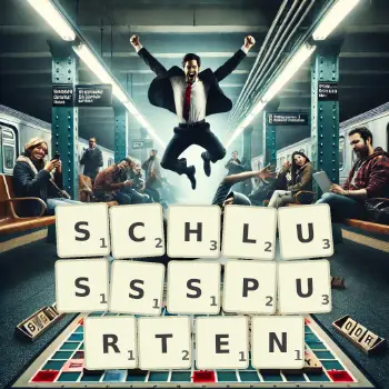 Kreative Illustration für ein Scrabble-Spiel, bei dem das Wort SCHLUSSSPURTEN mit Steinen auf dem Brett gelegt wurde.
