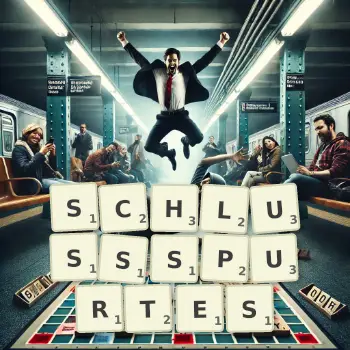Kreative Illustration für ein Scrabble-Spiel, bei dem das Wort SCHLUSSSPURTES mit Steinen auf dem Brett gelegt wurde.