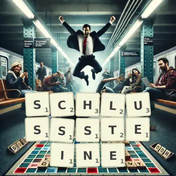 Kreative Illustration für ein Scrabble-Spiel, bei dem das Wort SCHLUSSSTEINE mit Steinen auf dem Brett gelegt wurde.