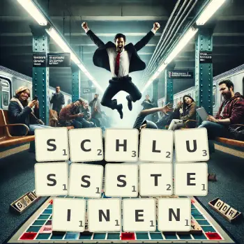 Kreative Illustration für ein Scrabble-Spiel, bei dem das Wort SCHLUSSSTEINEN mit Steinen auf dem Brett gelegt wurde.