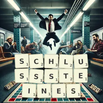 Kreative Illustration für ein Scrabble-Spiel, bei dem das Wort SCHLUSSSTEINES mit Steinen auf dem Brett gelegt wurde.