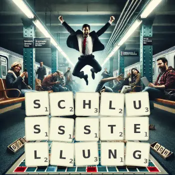 Kreative Illustration für ein Scrabble-Spiel, bei dem das Wort SCHLUSSSTELLUNG mit Steinen auf dem Brett gelegt wurde.