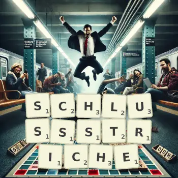 Kreative Illustration für ein Scrabble-Spiel, bei dem das Wort SCHLUSSSTRICHE mit Steinen auf dem Brett gelegt wurde.