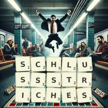 Kreative Illustration für ein Scrabble-Spiel, bei dem das Wort SCHLUSSSTRICHES mit Steinen auf dem Brett gelegt wurde.