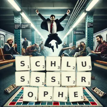 Kreative Illustration für ein Scrabble-Spiel, bei dem das Wort SCHLUSSSTROPHE mit Steinen auf dem Brett gelegt wurde.