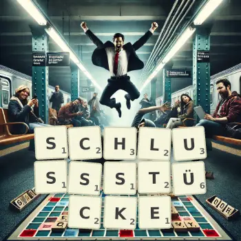 Kreative Illustration für ein Scrabble-Spiel, bei dem das Wort SCHLUSSSTÜCKE mit Steinen auf dem Brett gelegt wurde.