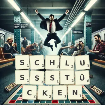 Kreative Illustration für ein Scrabble-Spiel, bei dem das Wort SCHLUSSSTÜCKEN mit Steinen auf dem Brett gelegt wurde.
