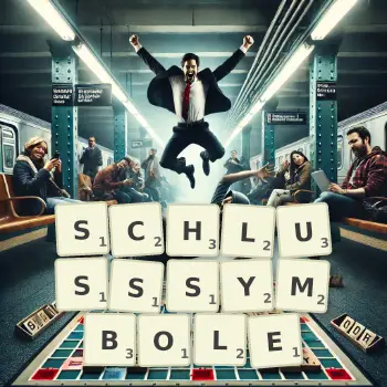 Kreative Illustration für ein Scrabble-Spiel, bei dem das Wort SCHLUSSSYMBOLE mit Steinen auf dem Brett gelegt wurde.