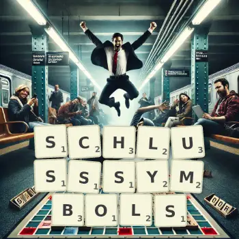 Kreative Illustration für ein Scrabble-Spiel, bei dem das Wort SCHLUSSSYMBOLS mit Steinen auf dem Brett gelegt wurde.