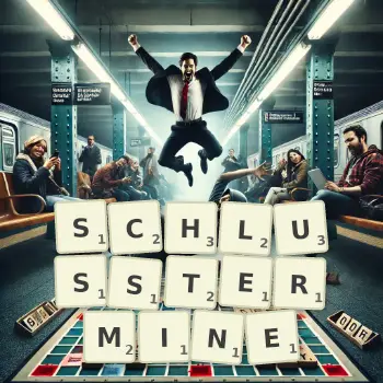 Kreative Illustration für ein Scrabble-Spiel, bei dem das Wort SCHLUSSTERMINE mit Steinen auf dem Brett gelegt wurde.