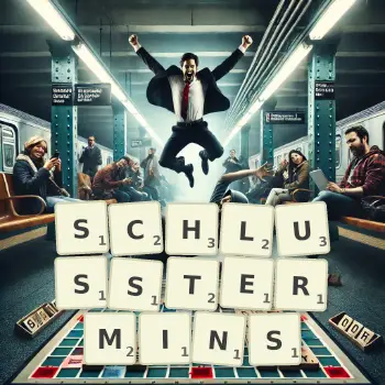 Kreative Illustration für ein Scrabble-Spiel, bei dem das Wort SCHLUSSTERMINS mit Steinen auf dem Brett gelegt wurde.