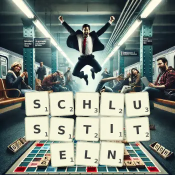 Kreative Illustration für ein Scrabble-Spiel, bei dem das Wort SCHLUSSTITELN mit Steinen auf dem Brett gelegt wurde.