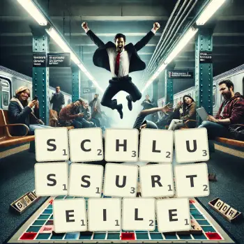 Kreative Illustration für ein Scrabble-Spiel, bei dem das Wort SCHLUSSURTEILE mit Steinen auf dem Brett gelegt wurde.