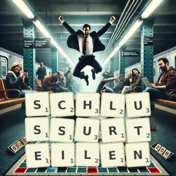Kreative Illustration für ein Scrabble-Spiel, bei dem das Wort SCHLUSSURTEILEN mit Steinen auf dem Brett gelegt wurde.