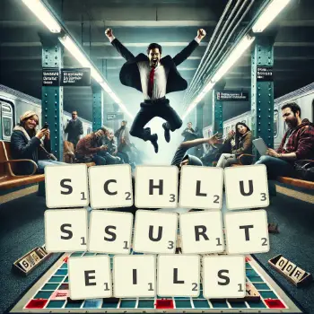 Kreative Illustration für ein Scrabble-Spiel, bei dem das Wort SCHLUSSURTEILS mit Steinen auf dem Brett gelegt wurde.