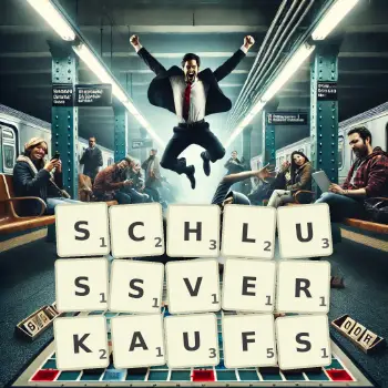 Kreative Illustration für ein Scrabble-Spiel, bei dem das Wort SCHLUSSVERKAUFS mit Steinen auf dem Brett gelegt wurde.