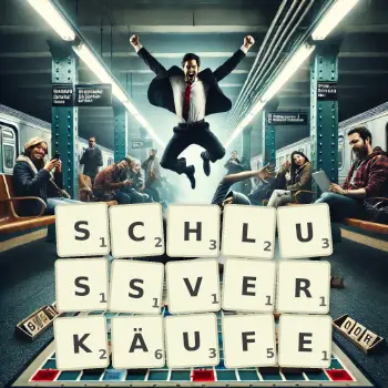 Kreative Illustration für ein Scrabble-Spiel, bei dem das Wort SCHLUSSVERKÄUFE mit Steinen auf dem Brett gelegt wurde.