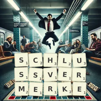 Kreative Illustration für ein Scrabble-Spiel, bei dem das Wort SCHLUSSVERMERKE mit Steinen auf dem Brett gelegt wurde.