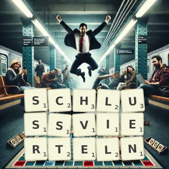 Kreative Illustration für ein Scrabble-Spiel, bei dem das Wort SCHLUSSVIERTELN mit Steinen auf dem Brett gelegt wurde.