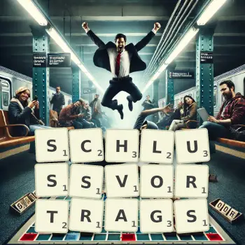 Kreative Illustration für ein Scrabble-Spiel, bei dem das Wort SCHLUSSVORTRAGS mit Steinen auf dem Brett gelegt wurde.