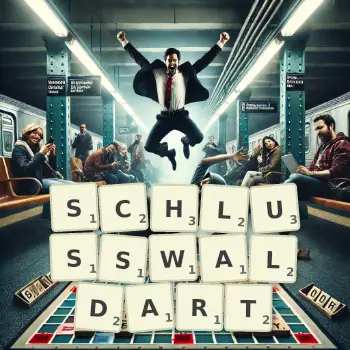 Kreative Illustration für ein Scrabble-Spiel, bei dem das Wort SCHLUSSWALDART mit Steinen auf dem Brett gelegt wurde.