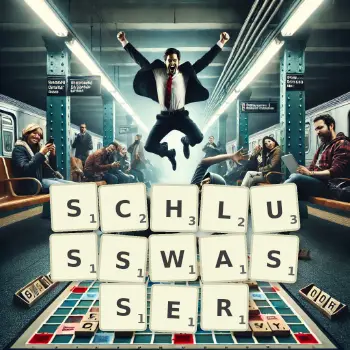 Kreative Illustration für ein Scrabble-Spiel, bei dem das Wort SCHLUSSWASSER mit Steinen auf dem Brett gelegt wurde.