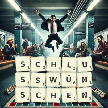Kreative Illustration für ein Scrabble-Spiel, bei dem das Wort SCHLUSSWÜNSCHEN mit Steinen auf dem Brett gelegt wurde.