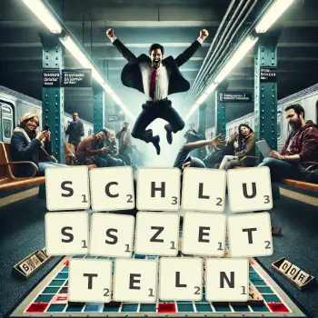Kreative Illustration für ein Scrabble-Spiel, bei dem das Wort SCHLUSSZETTELN mit Steinen auf dem Brett gelegt wurde.