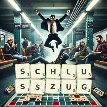 Kreative Illustration für ein Scrabble-Spiel, bei dem das Wort SCHLUSSZUG mit Steinen auf dem Brett gelegt wurde.