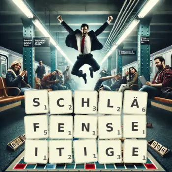 Kreative Illustration für ein Scrabble-Spiel, bei dem das Wort SCHLÄFENSEITIGE mit Steinen auf dem Brett gelegt wurde.