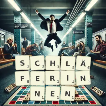 Kreative Illustration für ein Scrabble-Spiel, bei dem das Wort SCHLÄFERINNEN mit Steinen auf dem Brett gelegt wurde.