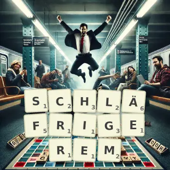 Kreative Illustration für ein Scrabble-Spiel, bei dem das Wort SCHLÄFRIGEREM mit Steinen auf dem Brett gelegt wurde.