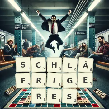 Kreative Illustration für ein Scrabble-Spiel, bei dem das Wort SCHLÄFRIGERES mit Steinen auf dem Brett gelegt wurde.