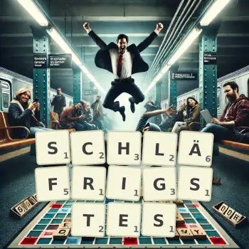 Kreative Illustration für ein Scrabble-Spiel, bei dem das Wort SCHLÄFRIGSTES mit Steinen auf dem Brett gelegt wurde.