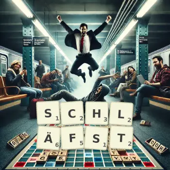 Kreative Illustration für ein Scrabble-Spiel, bei dem das Wort SCHLÄFST mit Steinen auf dem Brett gelegt wurde.