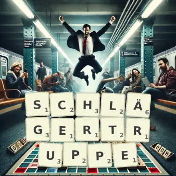 Kreative Illustration für ein Scrabble-Spiel, bei dem das Wort SCHLÄGERTRUPPE mit Steinen auf dem Brett gelegt wurde.