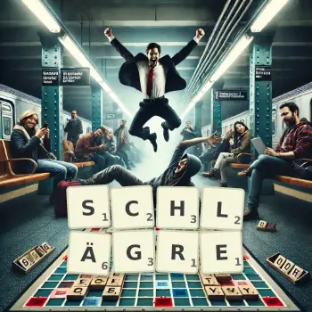 Kreative Illustration für ein Scrabble-Spiel, bei dem das Wort SCHLÄGRE mit Steinen auf dem Brett gelegt wurde.