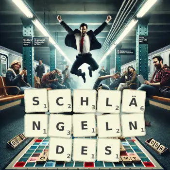 Kreative Illustration für ein Scrabble-Spiel, bei dem das Wort SCHLÄNGELNDES mit Steinen auf dem Brett gelegt wurde.