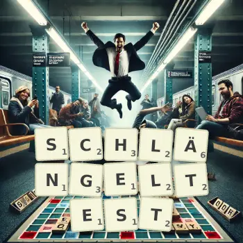 Kreative Illustration für ein Scrabble-Spiel, bei dem das Wort SCHLÄNGELTEST mit Steinen auf dem Brett gelegt wurde.