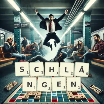 Kreative Illustration für ein Scrabble-Spiel, bei dem das Wort SCHLÄNGEN mit Steinen auf dem Brett gelegt wurde.