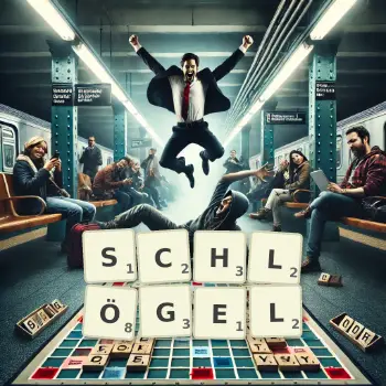 Kreative Illustration für ein Scrabble-Spiel, bei dem das Wort SCHLÖGEL mit Steinen auf dem Brett gelegt wurde.