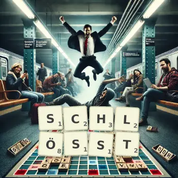Kreative Illustration für ein Scrabble-Spiel, bei dem das Wort SCHLÖSST mit Steinen auf dem Brett gelegt wurde.