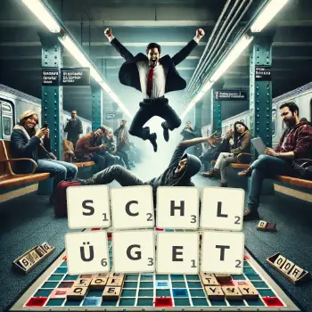 Kreative Illustration für ein Scrabble-Spiel, bei dem das Wort SCHLÜGET mit Steinen auf dem Brett gelegt wurde.