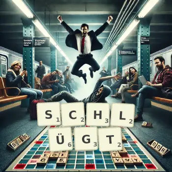 Kreative Illustration für ein Scrabble-Spiel, bei dem das Wort SCHLÜGT mit Steinen auf dem Brett gelegt wurde.