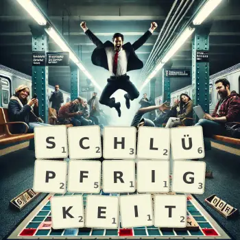 Kreative Illustration für ein Scrabble-Spiel, bei dem das Wort SCHLÜPFRIGKEIT mit Steinen auf dem Brett gelegt wurde.