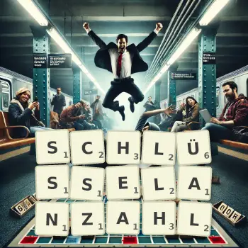 Kreative Illustration für ein Scrabble-Spiel, bei dem das Wort SCHLÜSSELANZAHL mit Steinen auf dem Brett gelegt wurde.